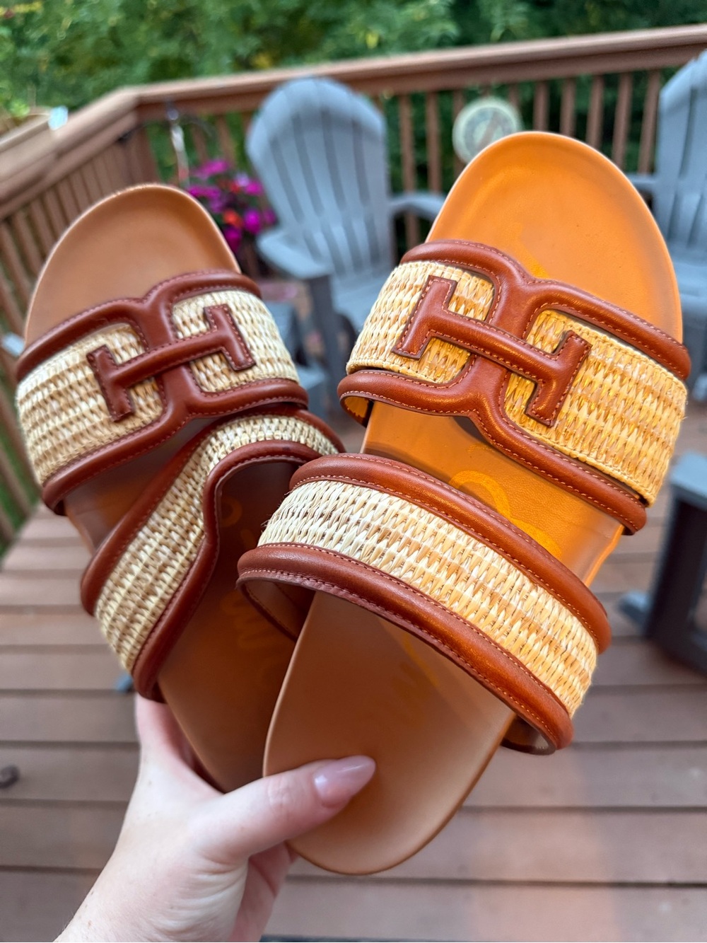 Sam Edelman Woven Straw Slide Sandals in Tan and Brown